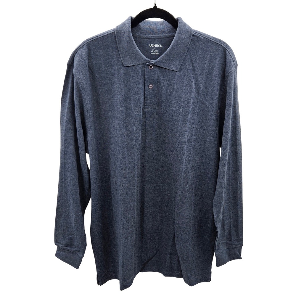 Architect Mens Long Sleeve Polo Shirt Denim Heather Blue Cotton‎ Blend Large